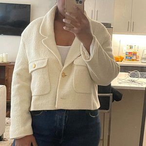Zara Boucle Cropped Jacket Cream Colored Gold Buttons Size XL
